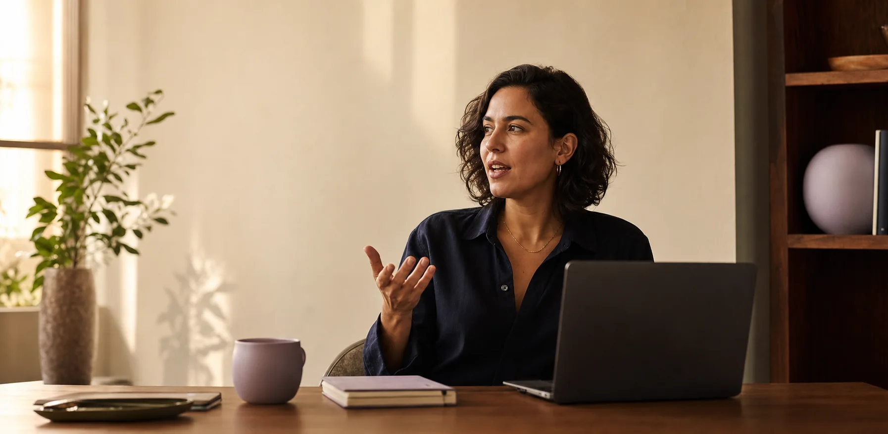 A professional speaking naturally beside a laptop in a warm workspace